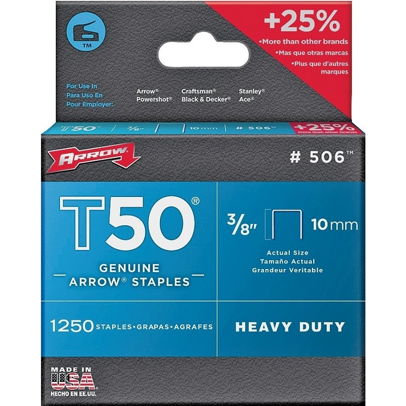 Arrow T50 Series 50624 Staple, For: T50 WA Stapler, 3/8 in W Crown, 3/8 in L Leg