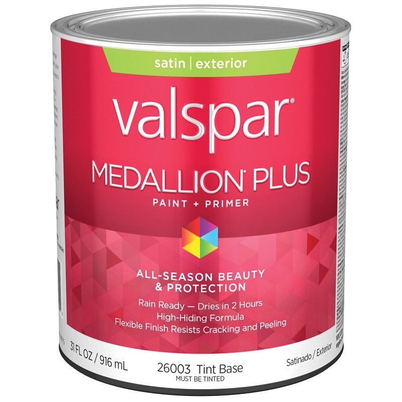 Valspar Medallion Plus 2600 028.0026003.005 Latex Paint, Acrylic Base, Satin Sheen, Tint Base, 1 qt, Plastic Can