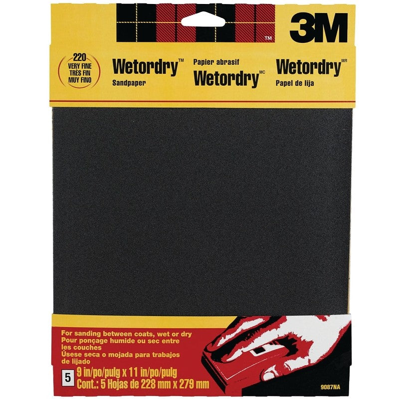 3M 9087 Sandpaper, 11 in L, 9 in W, Silicone Carbide Abrasive, 220 Grit, Very Fine