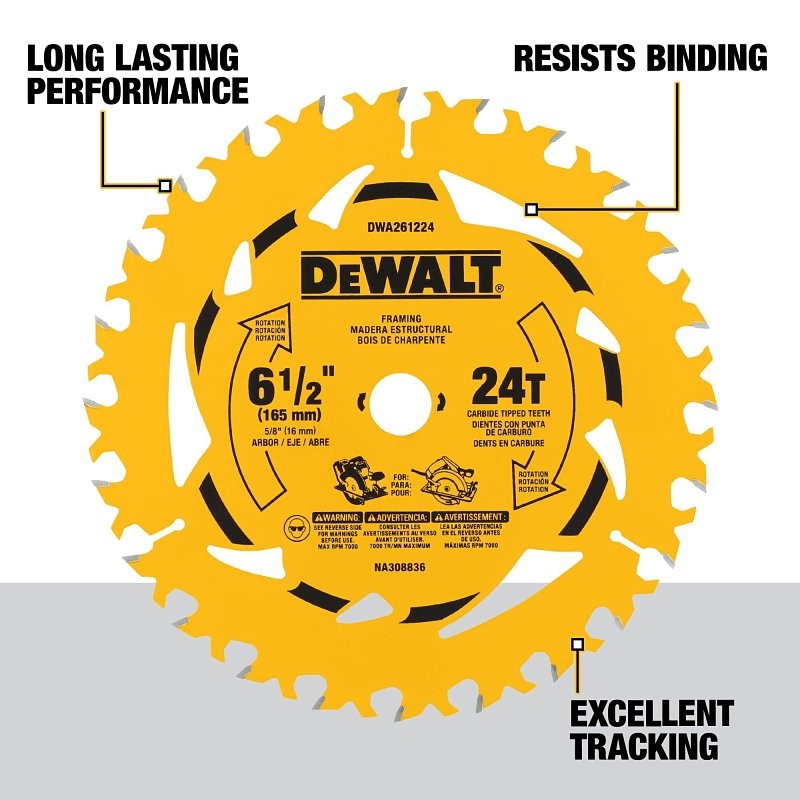 DEWALT DWA261224B10 Circular Saw Blade, 6-1/2 in Dia, 5/8 in Arbor, 24-Teeth, Tungsten Carbide Cutting Edge