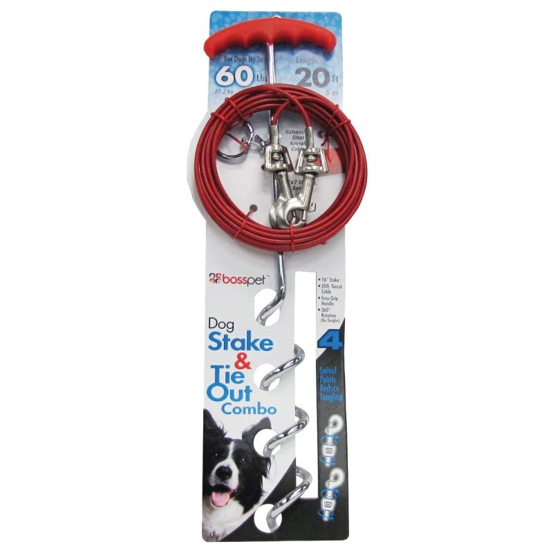 Boss Pet PDQ 01316 Tie-Out/Spiral Stake Combo, 20 ft L Belt/Cable, Steel, For: Large dogs up to 60 lb