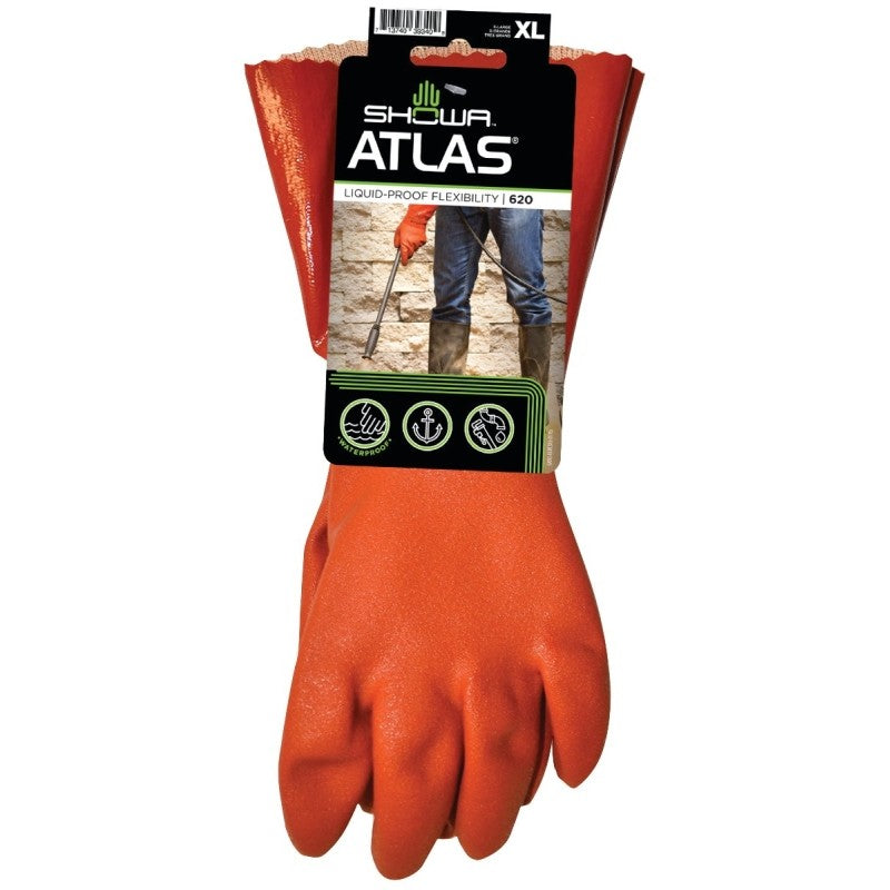Showa 620XL-10.RT Coated Gloves, XL, 12 in L, Gauntlet Cuff, PVC, Orange
