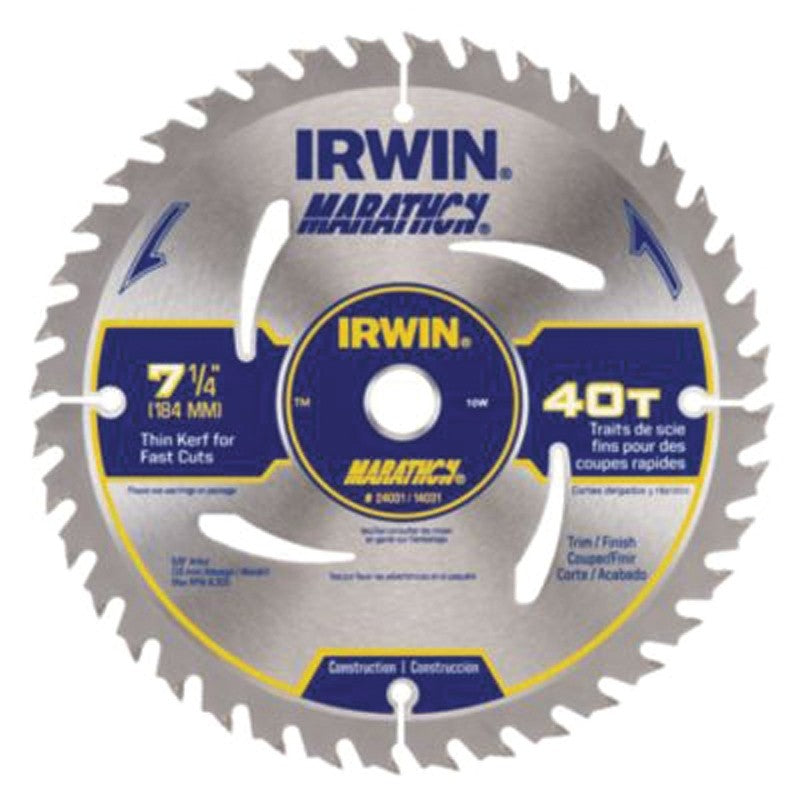 Irwin Marathon 14031 Circular Saw Blade, 7-1/4 in Dia, 5/8 in Arbor, Carbide Cutting Edge, 40-Teeth ATB Teeth