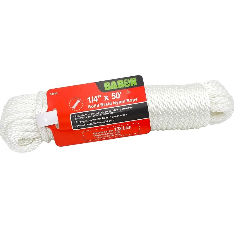 Baron 54805 Rope, 1/4 in Dia, 50 ft L, 1/4 in, 90 lb Working Load, Nylon, White