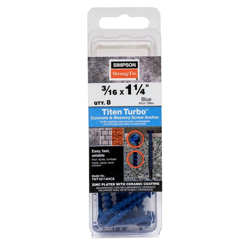 Simpson Strong-Tie Titen Turbo TNT18114HC8 Screw Anchor, 3/16 in Dia, Carbon Steel, Ceramic-Coated/Zinc, 8/PK