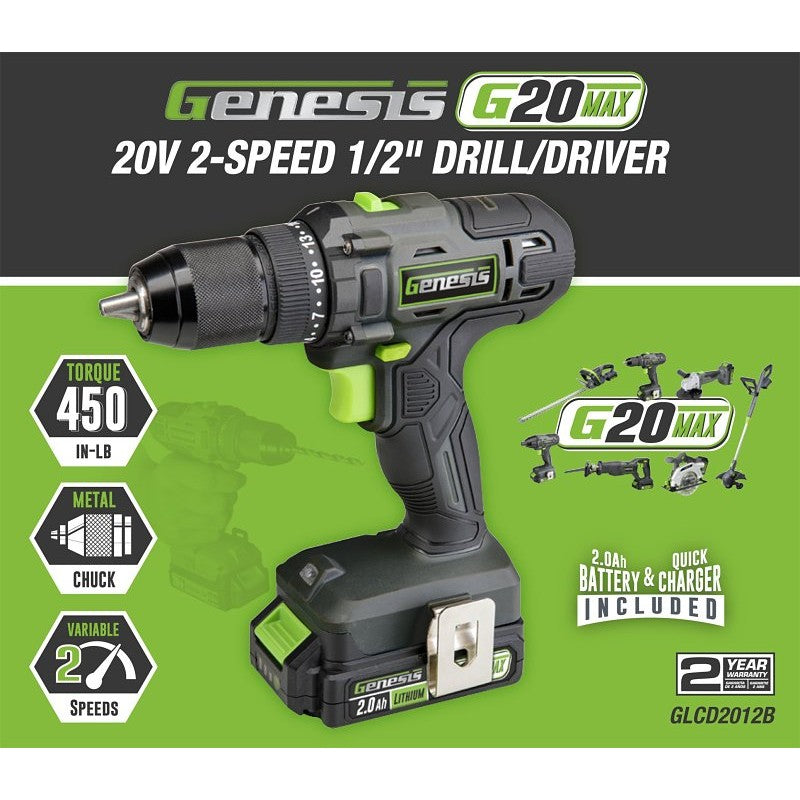 Genesis GLCD2012B Drill Driver, Battery Included, 20 V, 2 Ah, 1/2 in Chuck, Ratcheting Chuck