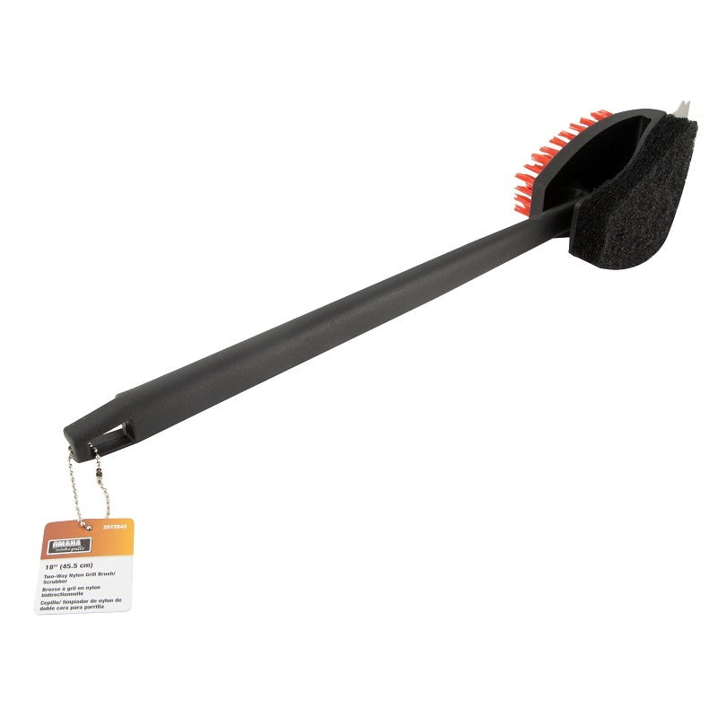 Omaha BBQ1006 Grill Brush with Scraper, 3-1/8 in L Brush, 3 in W Brush, Nylon Bristle, Red Bristle, 3-1/2 in L Trim