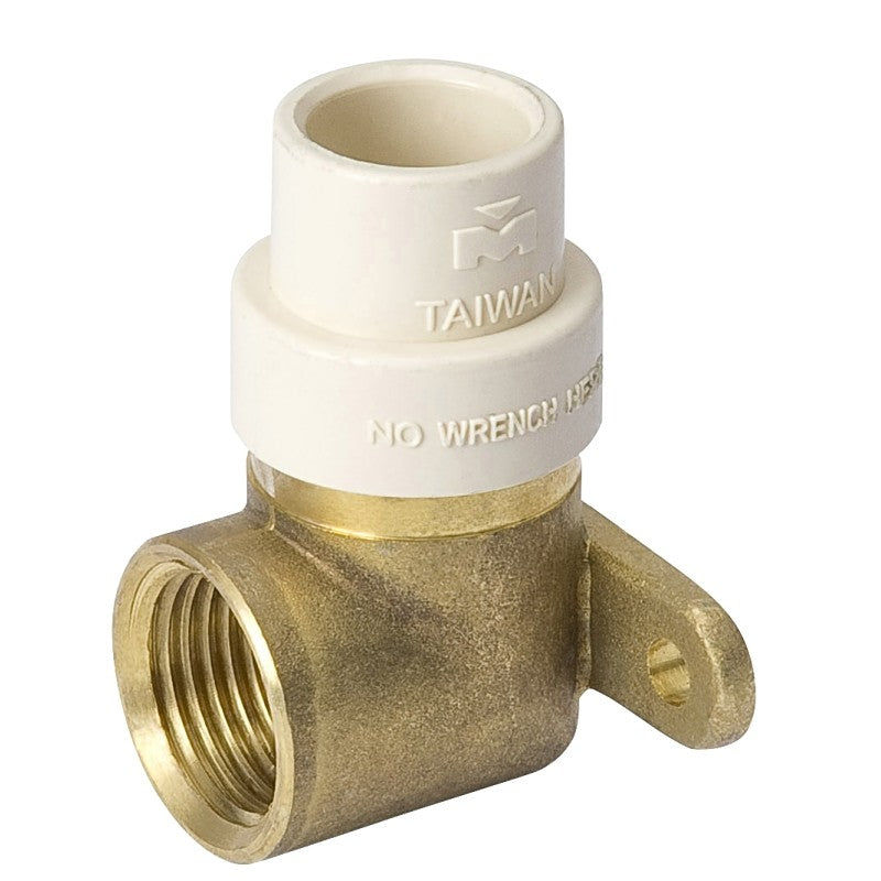 B & K 440-030NL Drop Ear Pipe Elbow, 1/2 in, FIP x Solvent, 90 deg Angle, Brass/CPVC