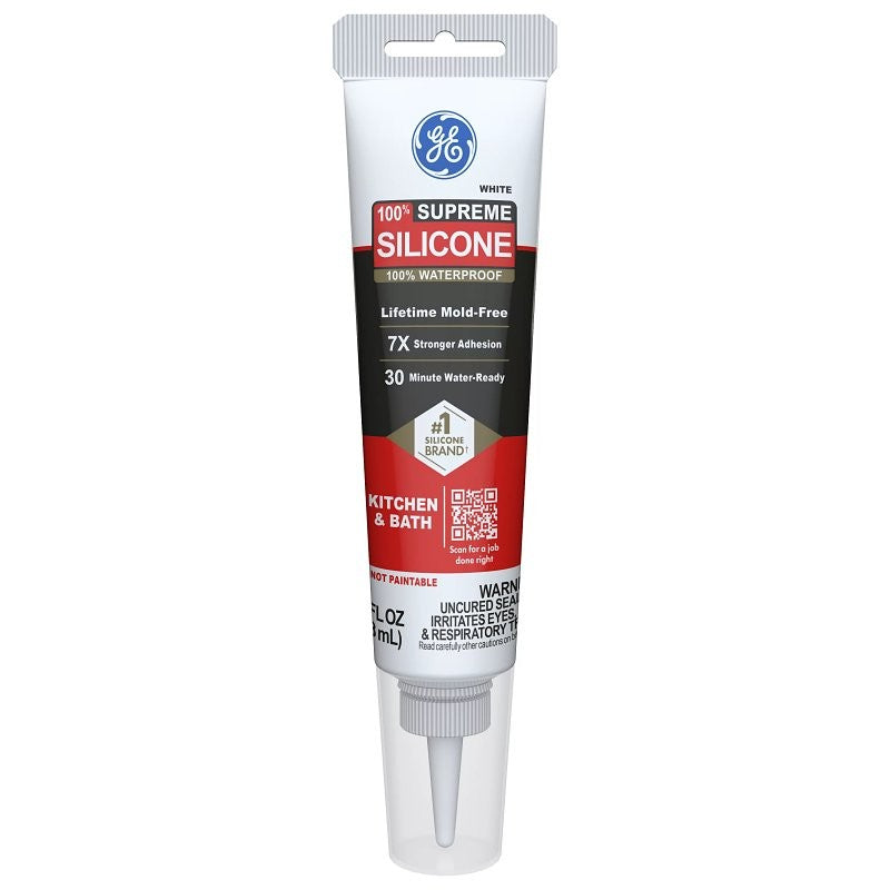 GE Supreme Silicone 2823400 Kitchen & Bath Sealant, White, 24 hr Curing, 2.8 fl-oz Squeeze Tube