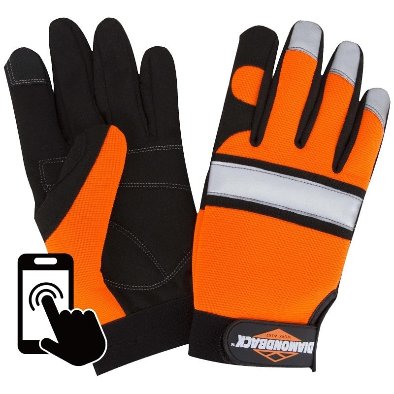 Diamondback 5959L Touchscreen Hi Visibility Mechanics Gloves, L 55% Synthetic leather 30% Spandex 10% Reflective Fabric 5% Elastic Band
