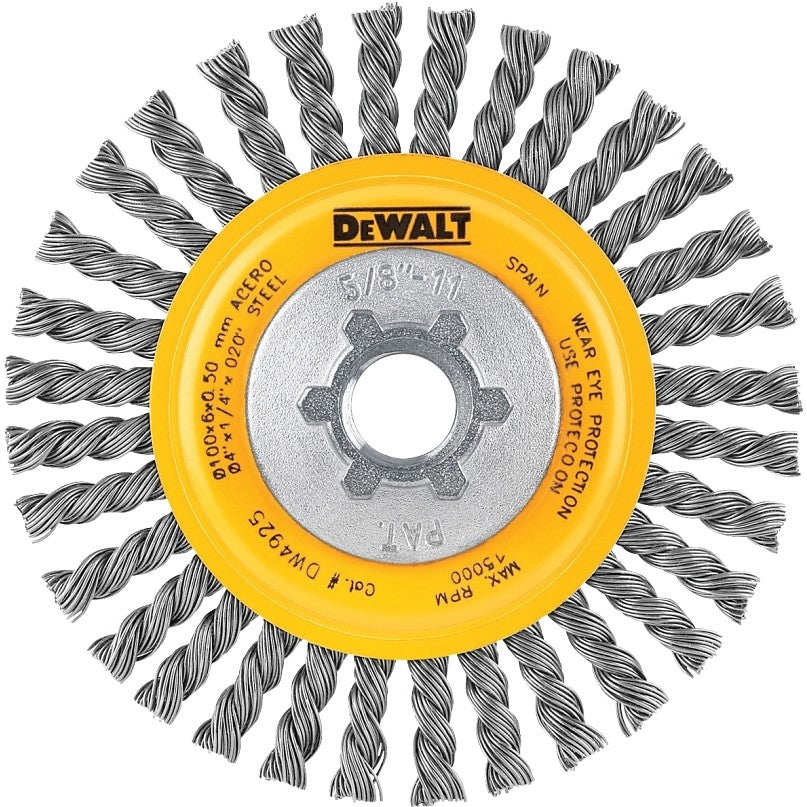 DEWALT DW4925 Wire Wheel Brush, 4 in Dia, 5/8-11 Arbor/Shank, Twisted Bristle, 0.02 in Dia Bristle, Carbon Steel Bristle