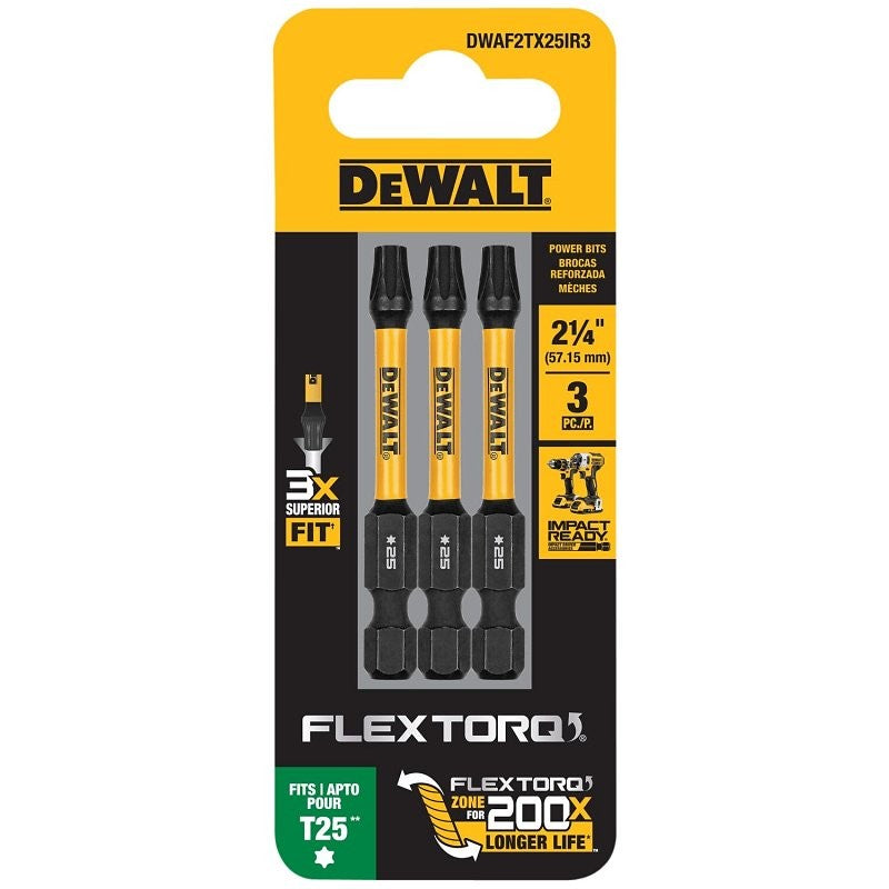 DEWALT FlexTorq DWAF2TX25IR3 Impact Screwdriver Bit, T25 Drive, Torx Drive, 1/4 in Shank, Hex Shank, 2-1/4 in L, Steel