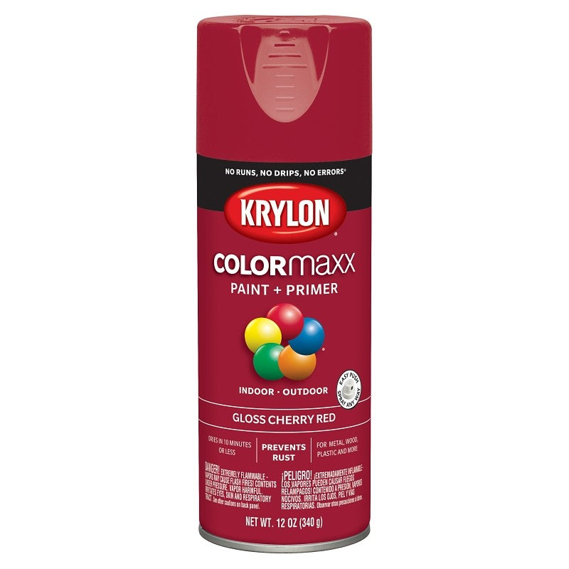 Krylon K05511007 Enamel Spray Paint, 12 oz Can, 25 sq-ft Coverage Area, Solvent Base, Gloss, Cherry Red
