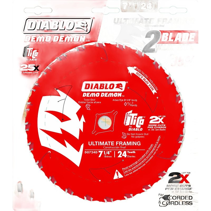 Diablo Demo Demon D0724DVPX Circular Saw Blade, 7-1/4 in Dia, 5/8 in Arbor, 24-Teeth, Carbide Cutting Edge (Pack of 10)