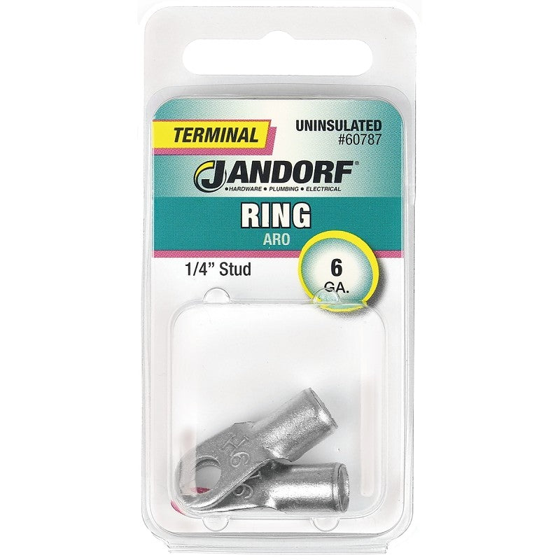 Jandorf 60787 Ring Terminal, 6 AWG Wire, 1/4 in Stud, Copper Contact