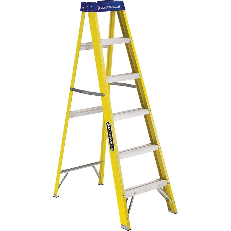 Louisville FS2006 Step Ladder, 6 ft H, Type I Duty Rating, Fiberglass, 250 lb, 5-Step, 124 in Max Reach