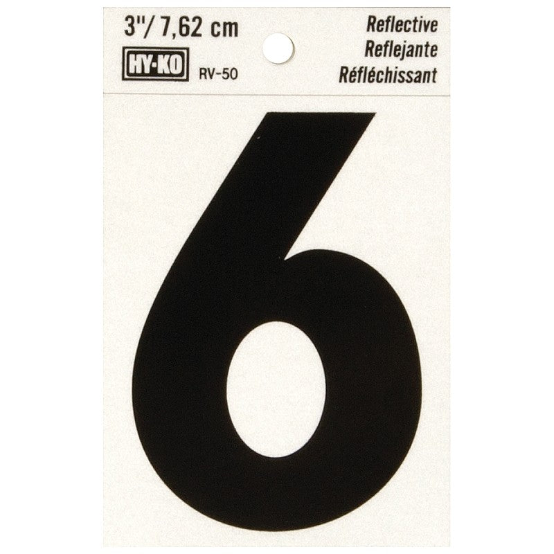 Hy-Ko RV-50/6 Reflective Sign, Character: 6, 3 in H Character, Black Character, Silver Background, Vinyl (Pack of 10)