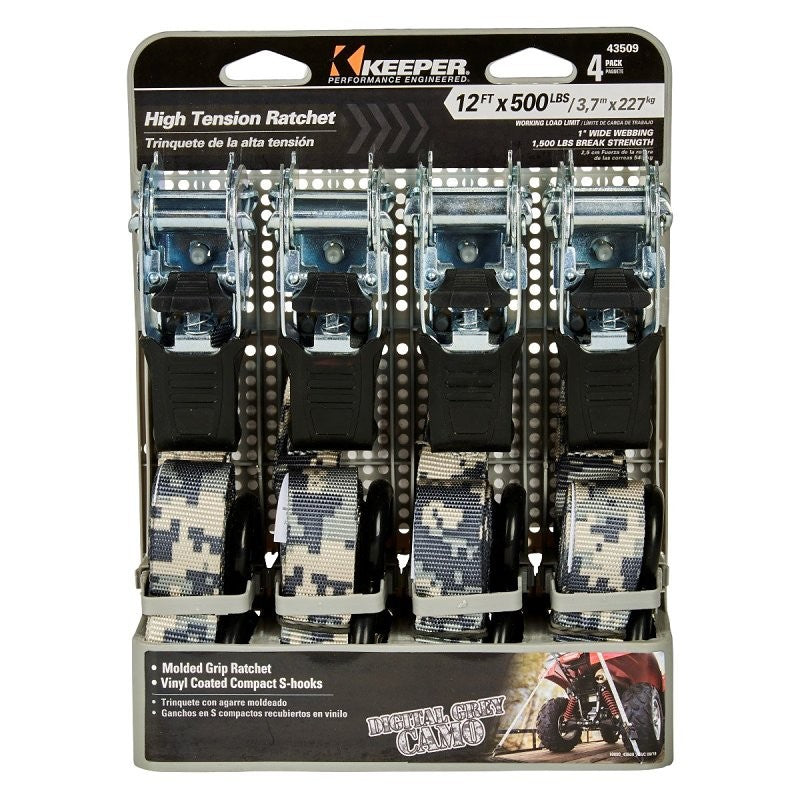 Keeper 43509 Tie-Down, 1 in W, 12 ft L, Digital Grey Camo, 500 lb, Compact S-Hook End Fitting