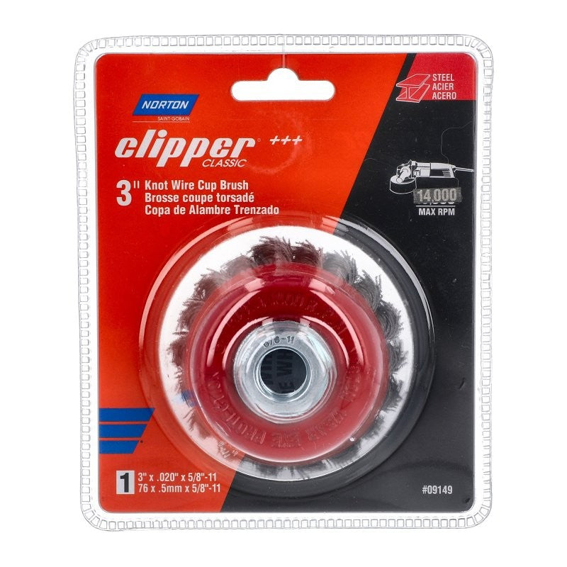 Norton Clipper Classic 70184609149 Wire Cup Brush, 3 in Dia, 5/8-11 Arbor/Shank, Standard Twist Knot Bristle