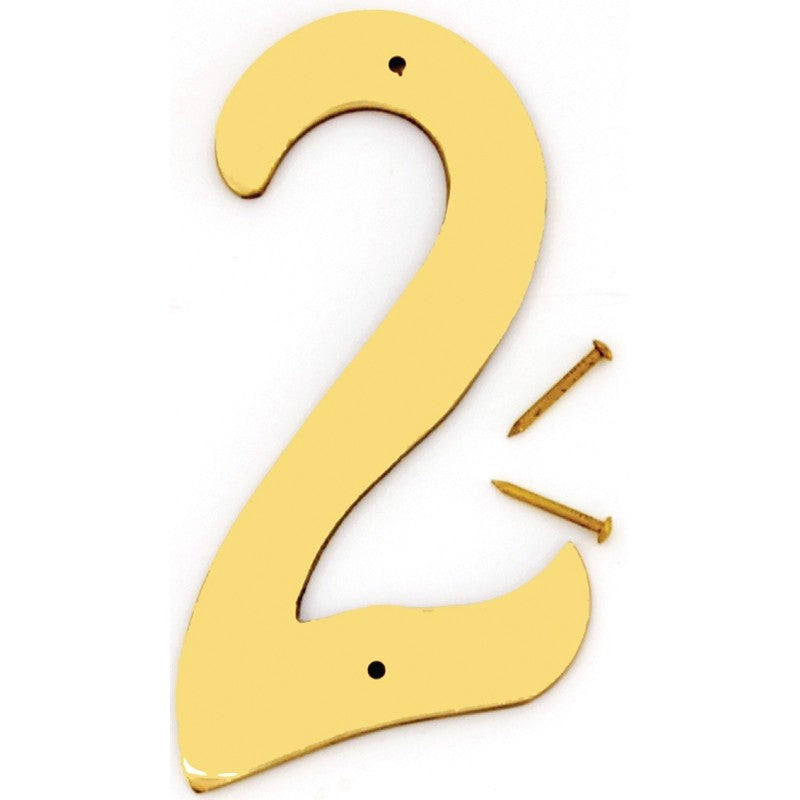 Hy-Ko BR-40/2 House Number, 3 in W x 6-3/4 in H Dimensions, Character: 2, 4 in H Character, 2-1/2 in W Character, Brass