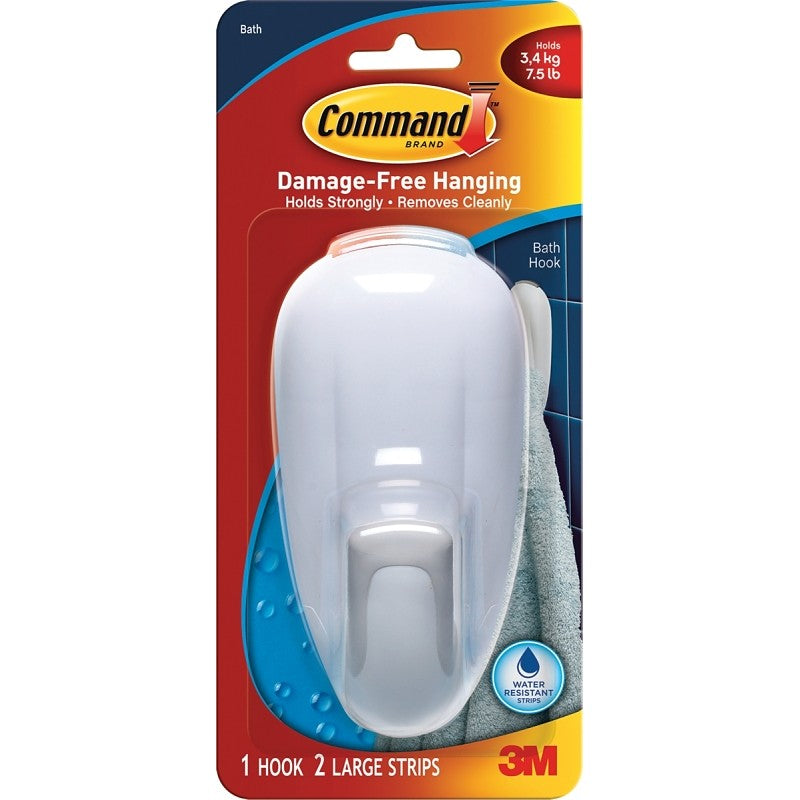 Command 17600B-ES Bath Jumbo Hook, 7.5 lb, 1-Hook, Plastic, White