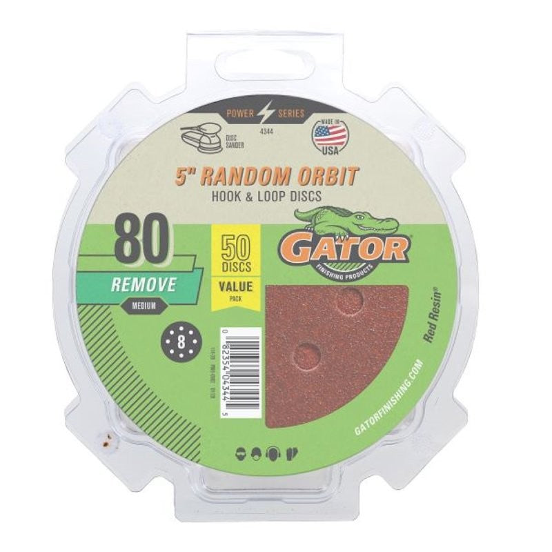 Gator 4344 Sanding Disc, 5 in Dia, 80 Grit, Medium, Aluminum Oxide Abrasive, Vented, 50/PK