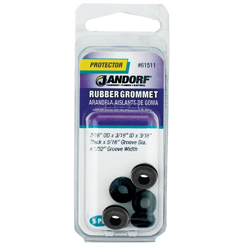 Jandorf 61511 Grommet, 3/16 in ID, 7/16 in OD, Rubber, Black, 3/16 in Thick Panel