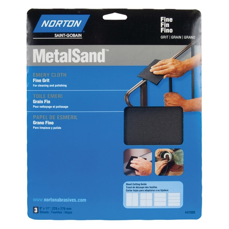 Norton MetalSand 07660747805 Sanding Sheet, 11 in L, 9 in W, Fine, Emery Abrasive, Cloth Backing