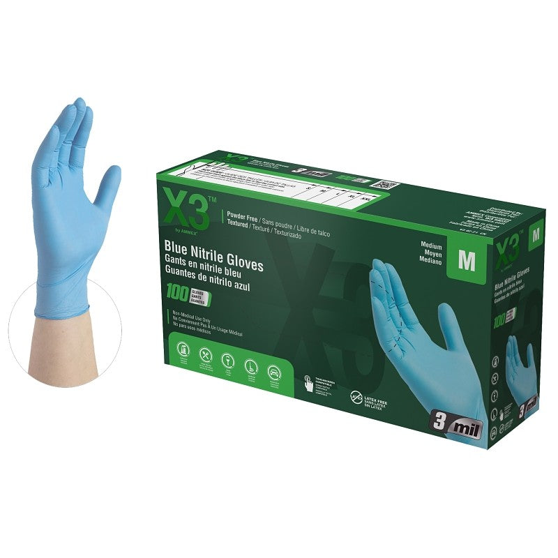 Ammex X344100 Non-Sterile Disposable Gloves, M, Nitrile, Powder-Free, Blue