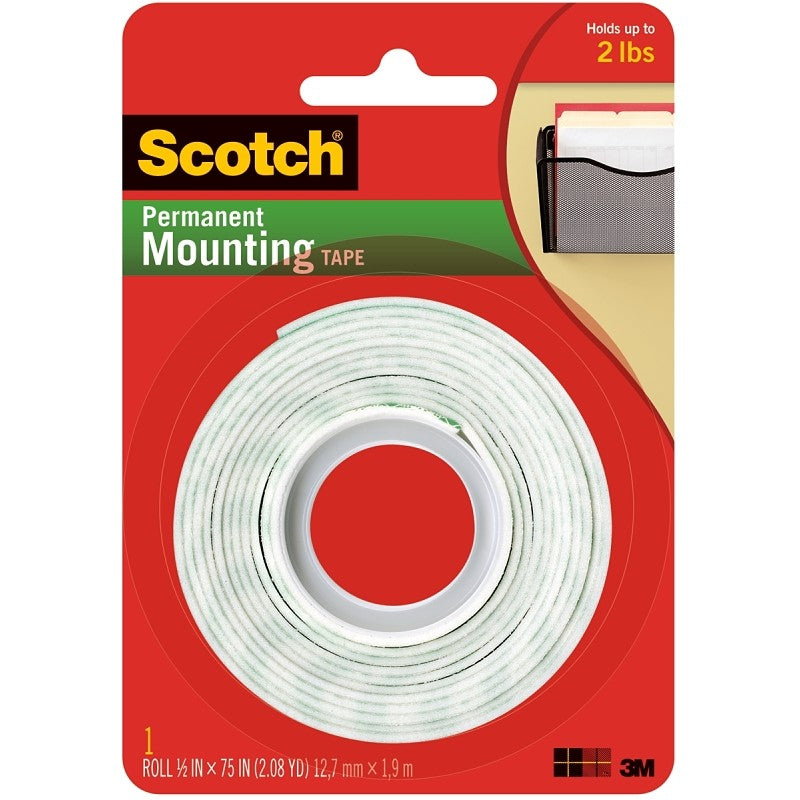 Scotch 110 Mounting Tape, 75 in L, 1/2 W, White
