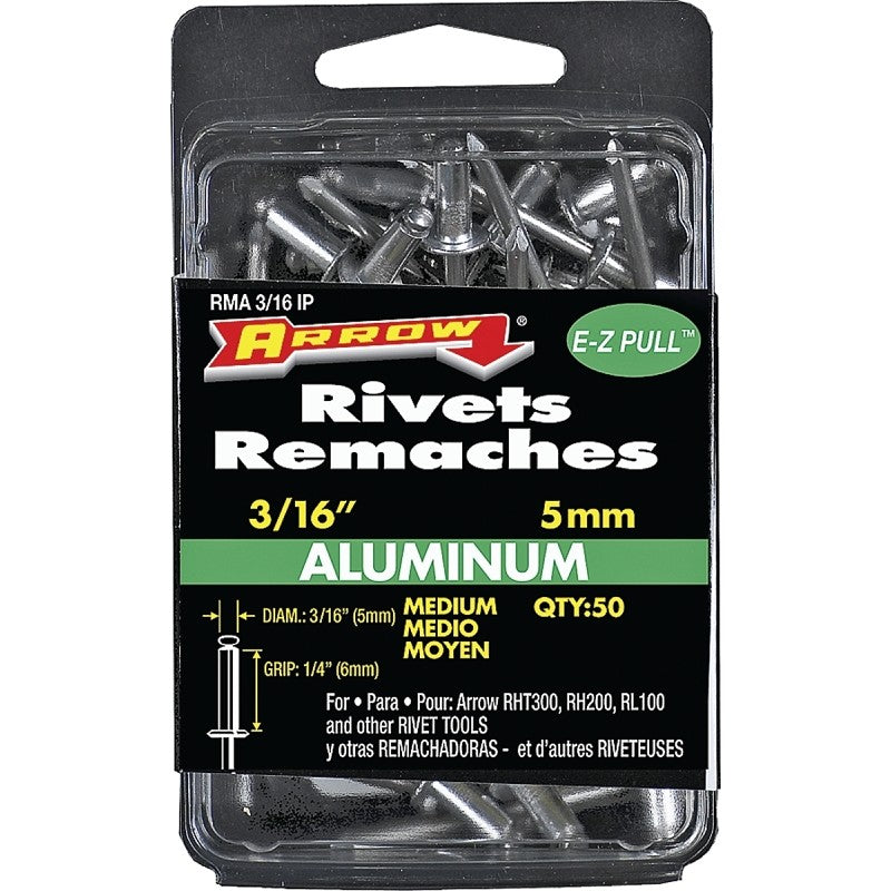Arrow RMA3/16IP Pop Rivet, Medium, 1/4 in Grip, 1/4 in L, Aluminum, Gray, 50/PK