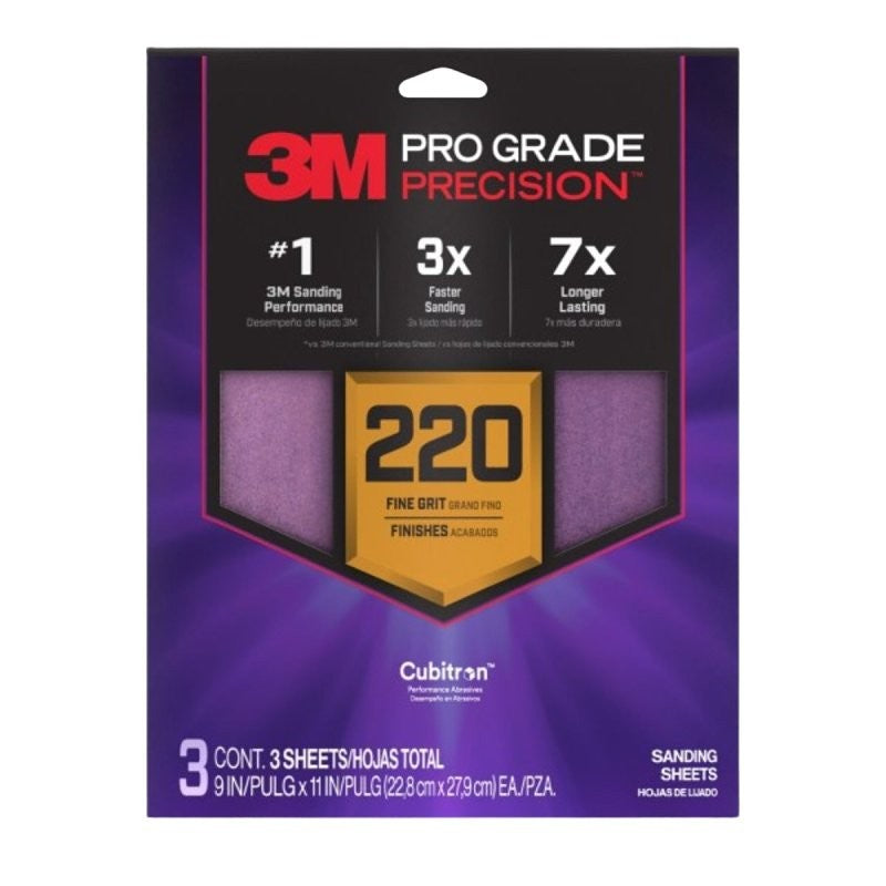 Pro Grade Precision SHR220-PGP-3T Sanding Sheet, 9 in L, 11 in W, Fine, 220 Grit, Ceramic Alumina Abrasive