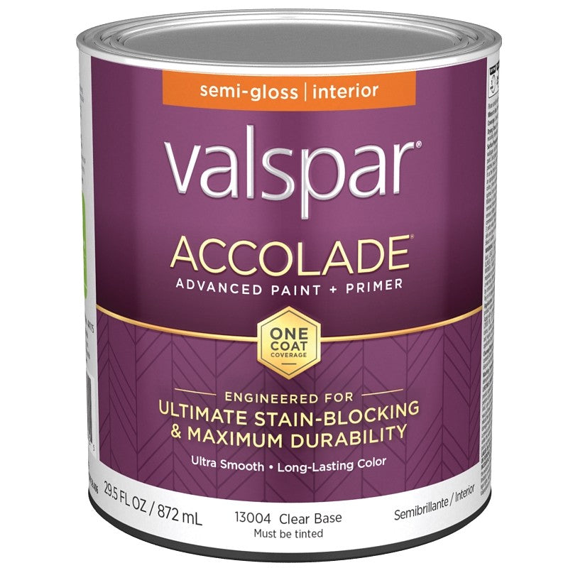 Valspar Accolade 1300 028.0013004.005 Latex Paint, Acrylic Base, Semi-Gloss, Clear Base, 1 qt, Plastic Can