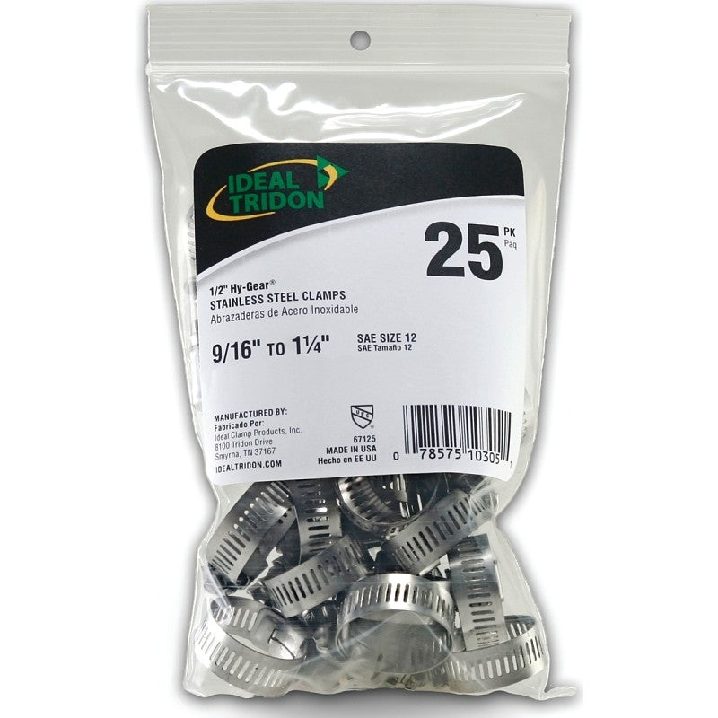 Ideal-Tridon Hy-Gear 67-6 Series 6712550 Worm Gear Hose Clamp, #12, 1/2 to 1-1/4 in, Stainless Steel