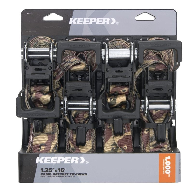 Keeper 47323 Ratchet Tie-Down with Open Handle, 1-1/4 in W, 16 ft L, Camo, 1000 lb Working Load, J-Hook End