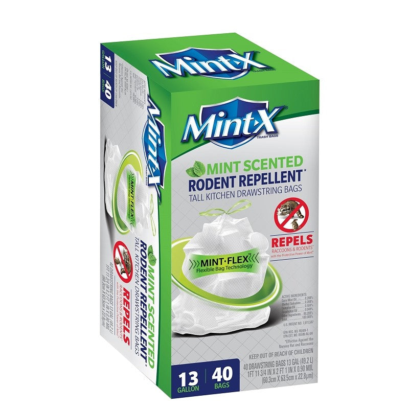 Mint-X MX2425W40F Trash Bag, L, 13 gal Capacity, Plastic, White (Pack of 6)