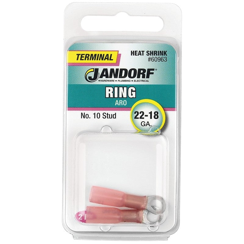 Jandorf 60963 Ring Terminal, 22 to 18 AWG Wire, #10 Stud, Pink