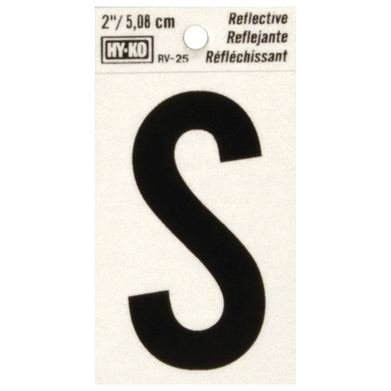 Hy-Ko RV-25/S Reflective Letter, 1-1/2 in W x 3 in H Dimensions, Character: S, 2 in H Character, Black Character, Vinyl (Pack of 10)