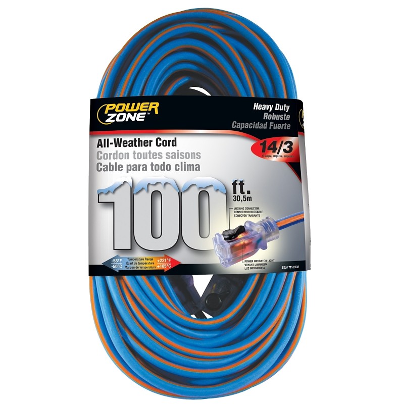 PowerZone ORC530735 Extension Cord, 14 AWG Cable, 5-15P Grounded Plug, 5-15R Grounded Receptacle, 100 ft L, 125 V