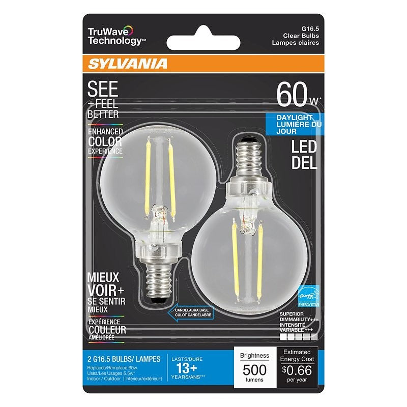 Sylvania 40853 Natural LED Bulb, Decorative, G16.5 Lamp, 60 W Equivalent, E12 Lamp Base, Dimmable, Clear, Daylight Light