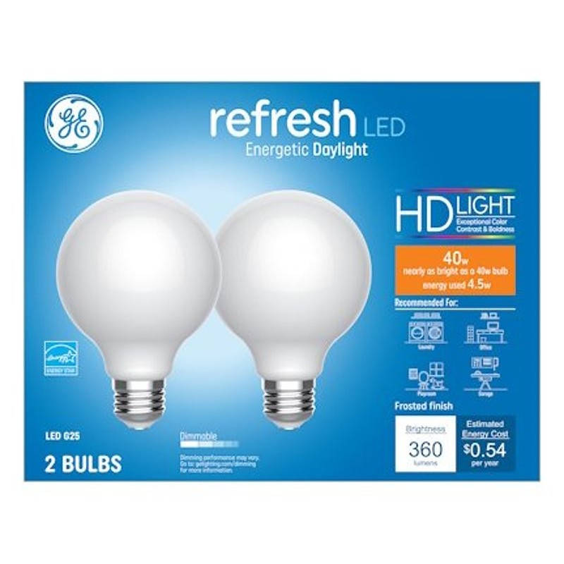GE 47659 LED Bulb, Globe, 350 Lumens, 4.5 W, G25 Lamp, 40 W Equivalent, E26 Lamp Base, Dimmable, Daylight