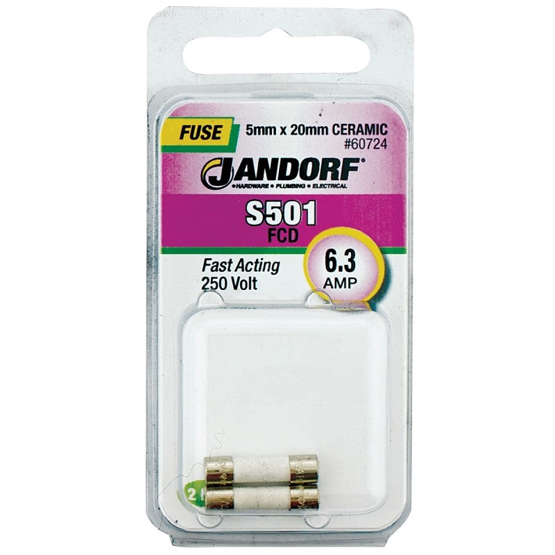 Jandorf 60724 Fast Acting Fuse, 0.01 Ohm, 6.3 A, 250 V, 1500 A Interrupt, Ceramic Body, 5 mm Dia