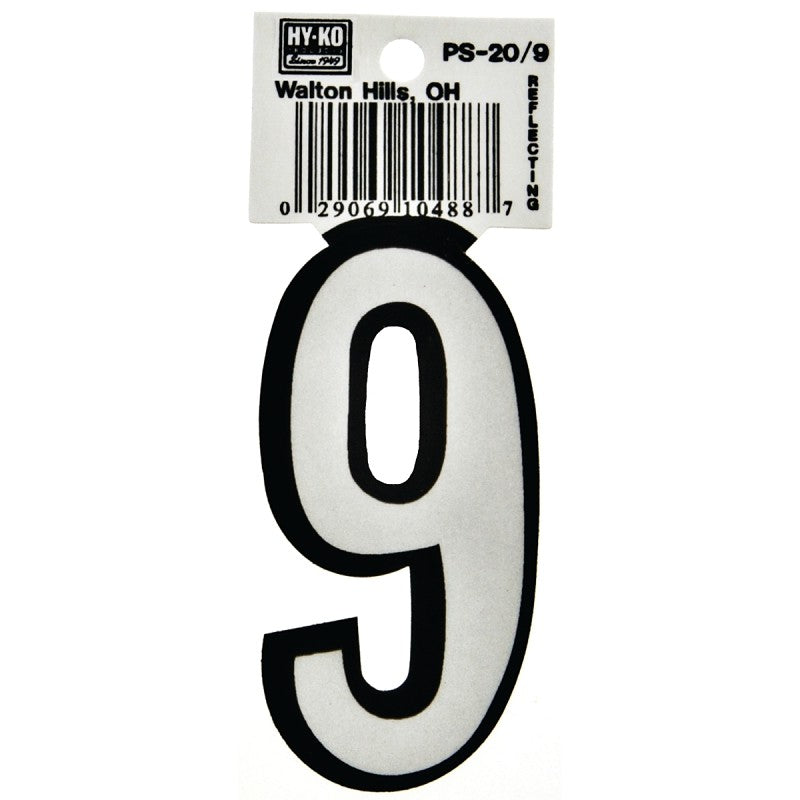 Hy-Ko PS-20/9 Reflective Sign, Character: 9, 3-1/4 in H Character, Black/White Character, Vinyl (Pack of 10)
