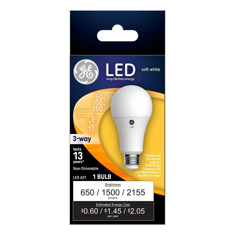 GE 24132 LED Bulb, 3-Way, A21 Lamp, 50, 100, 150 W Equivalent, E26 Lamp Base, Dimmable, Soft White Light