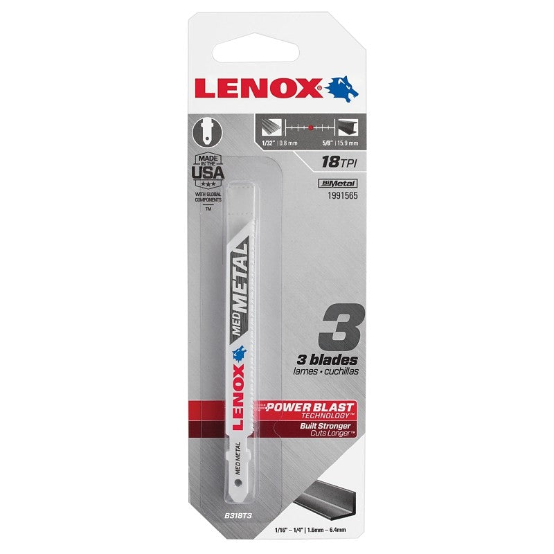 Lenox 1991565 Jig Saw Blade, 3/8 in W, 3-5/8 in L, 18 TPI, 0.037 in Thick, 3/PK