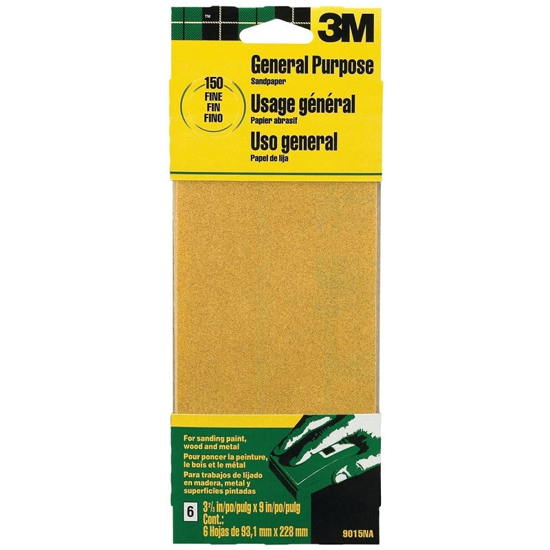 3M 9015 Sandpaper Sheet, 9 in L, 3.66 in W, Fine, 150 Grit, Aluminum Oxide Abrasive, Paper Backing