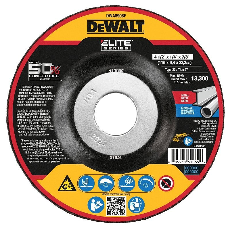 DEWALT XP Series DWA8908F Grinding Wheel, 4-1/2 in Dia, 1/4 in Thick, 7/8 in Arbor, 24 Grit, Very Coarse