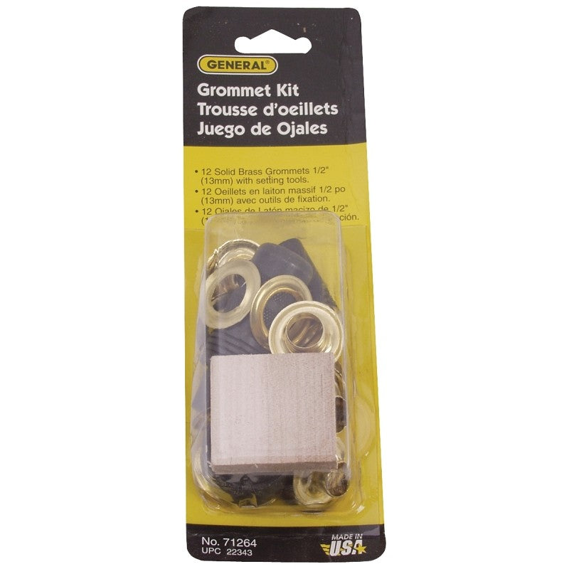 General 71264 Series Grommet Kit, Includes: Anvil, Cutting Block, (48) 1/2 in Grommets, Hole Cutter and Mandrill, Brass