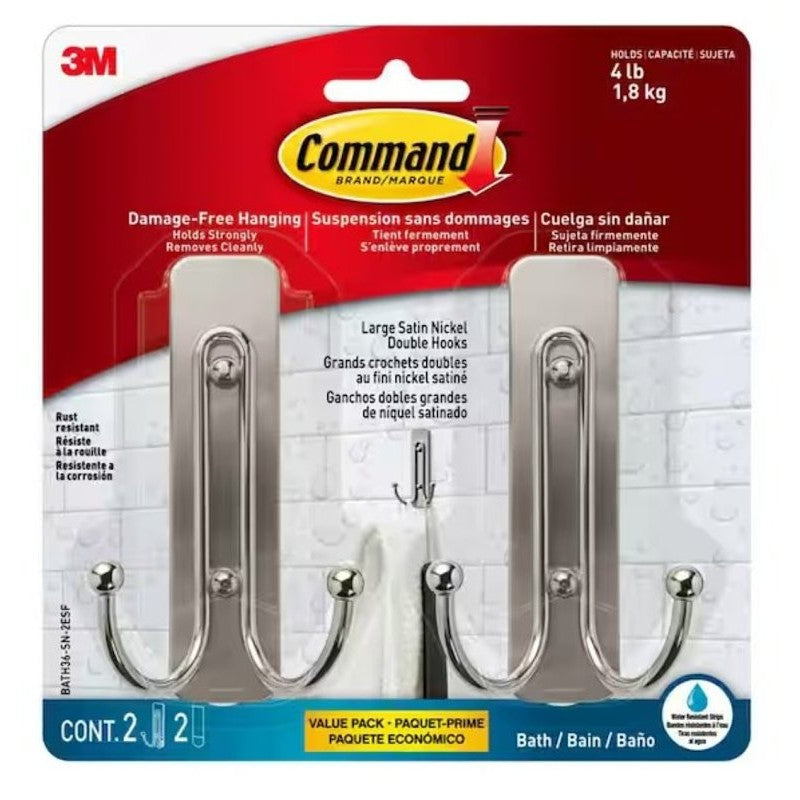 Command BATH36-SN-2ESF Large Bath Hook, 4 lb, 2-Hook, Metal, Satin Nickel