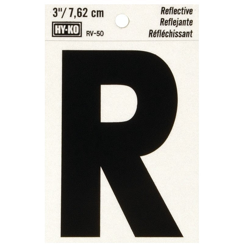 Hy-Ko RV-50/R Reflective Letter, 2-1/2 in W x 4 in H Dimensions, Character: R, 3 in H Character, Black Character, Vinyl (Pack of 10)